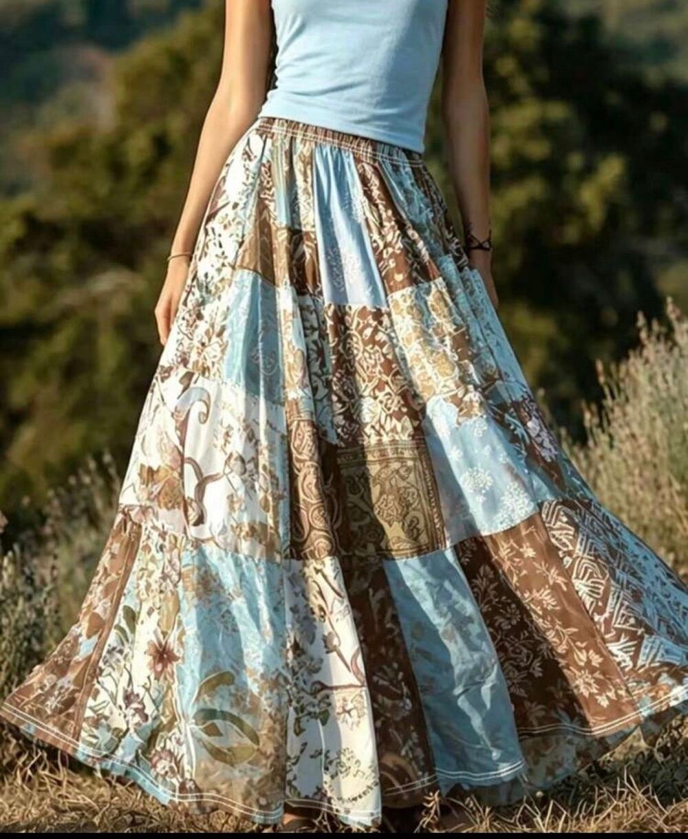 Women's Boho Patchwork Maxi Skirt Long Flowy Blue Brown Floral Bohemian Hippie